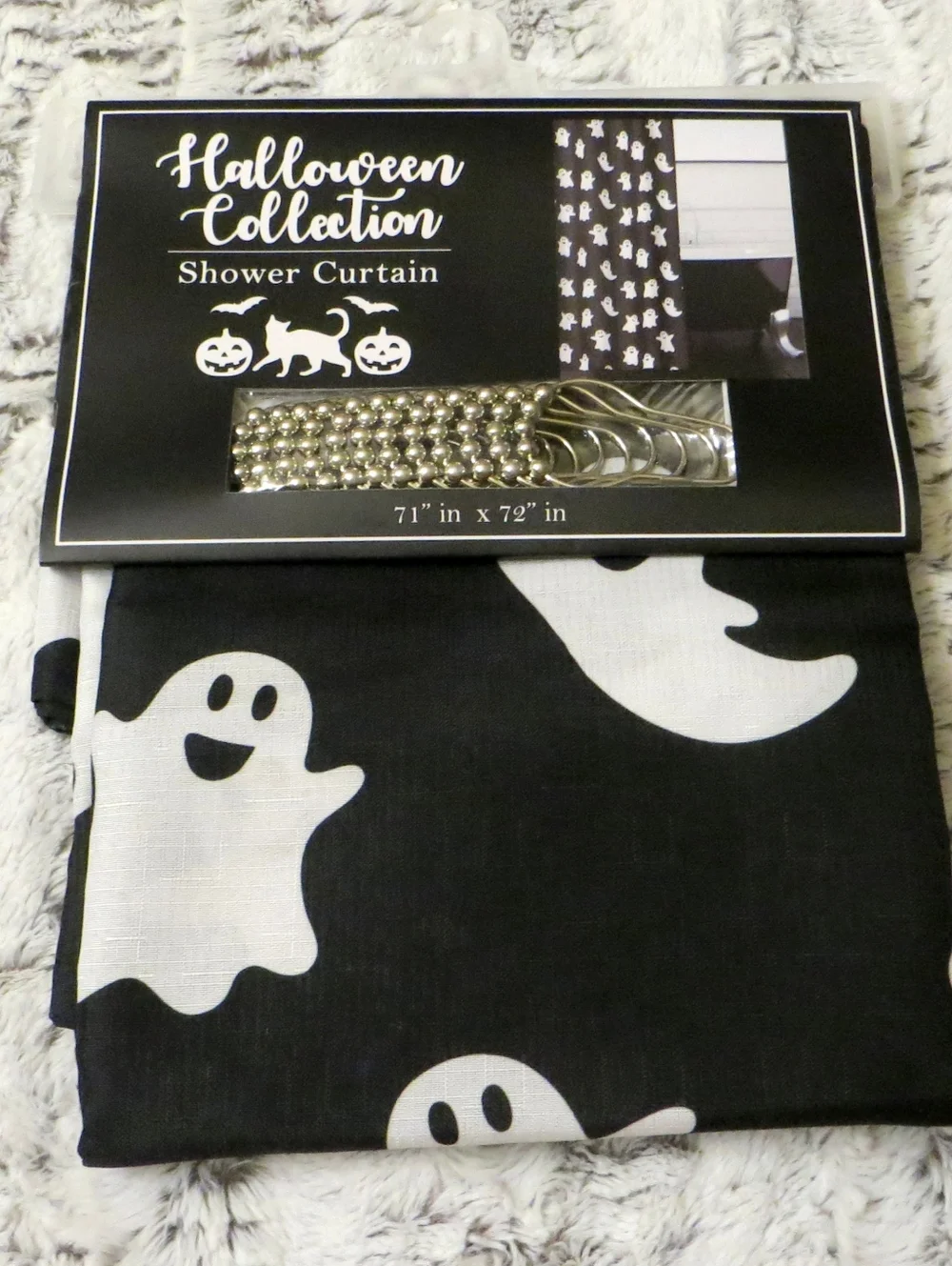 Halloween Ghost Black White Fabric Shower Curtain Set With Silver Hooks New